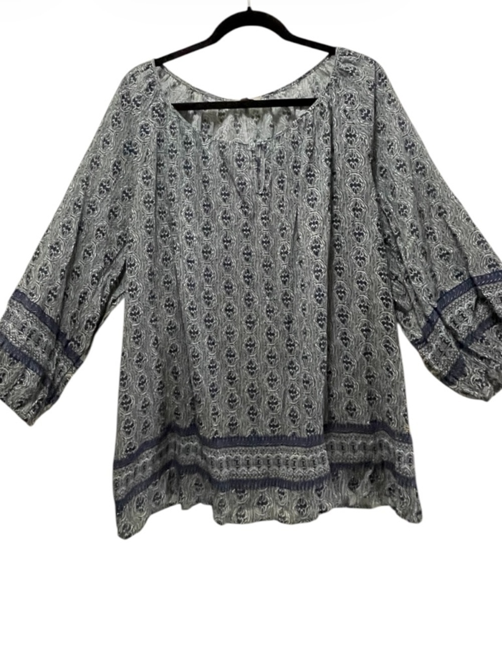 Boho-Print Blue & White Peasant Blouse with Balloon Sleeves
